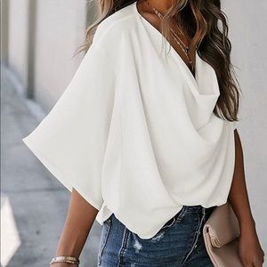WOMEN'S CASUAL DRAPED V NECK 3/4 BELL SLEEVE LOOSE SHIRT BLOUSE TOP
